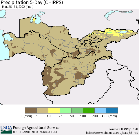 Central Asia Precipitation 5-Day (CHIRPS) Thematic Map For 3/26/2022 - 3/31/2022
