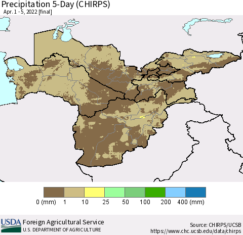Central Asia Precipitation 5-Day (CHIRPS) Thematic Map For 4/1/2022 - 4/5/2022