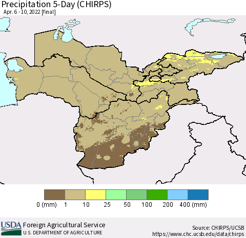 Central Asia Precipitation 5-Day (CHIRPS) Thematic Map For 4/6/2022 - 4/10/2022