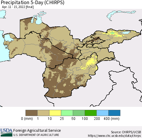 Central Asia Precipitation 5-Day (CHIRPS) Thematic Map For 4/11/2022 - 4/15/2022