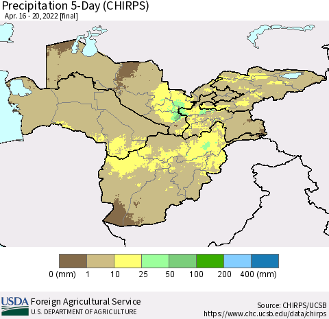 Central Asia Precipitation 5-Day (CHIRPS) Thematic Map For 4/16/2022 - 4/20/2022