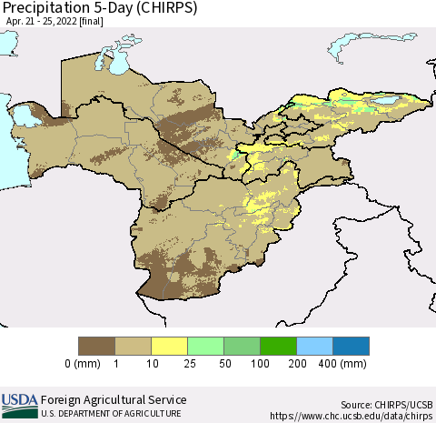 Central Asia Precipitation 5-Day (CHIRPS) Thematic Map For 4/21/2022 - 4/25/2022
