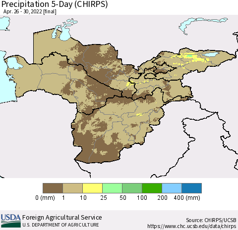Central Asia Precipitation 5-Day (CHIRPS) Thematic Map For 4/26/2022 - 4/30/2022