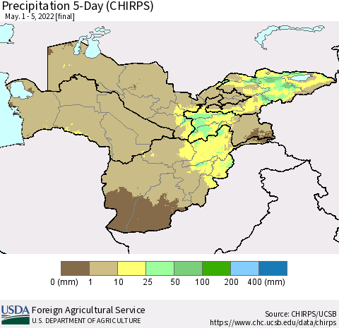 Central Asia Precipitation 5-Day (CHIRPS) Thematic Map For 5/1/2022 - 5/5/2022
