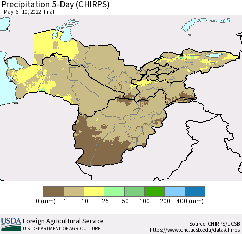 Central Asia Precipitation 5-Day (CHIRPS) Thematic Map For 5/6/2022 - 5/10/2022