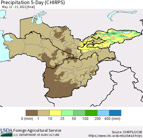 Central Asia Precipitation 5-Day (CHIRPS) Thematic Map For 5/11/2022 - 5/15/2022
