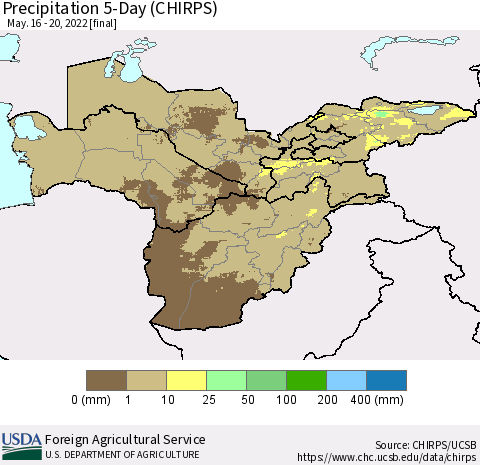 Central Asia Precipitation 5-Day (CHIRPS) Thematic Map For 5/16/2022 - 5/20/2022