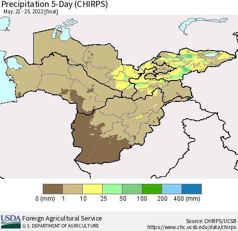 Central Asia Precipitation 5-Day (CHIRPS) Thematic Map For 5/21/2022 - 5/25/2022