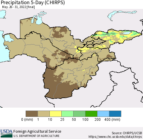 Central Asia Precipitation 5-Day (CHIRPS) Thematic Map For 5/26/2022 - 5/31/2022