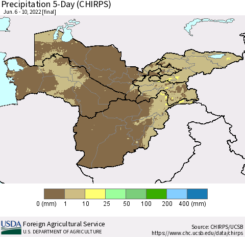 Central Asia Precipitation 5-Day (CHIRPS) Thematic Map For 6/6/2022 - 6/10/2022