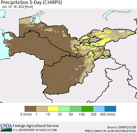 Central Asia Precipitation 5-Day (CHIRPS) Thematic Map For 6/16/2022 - 6/20/2022
