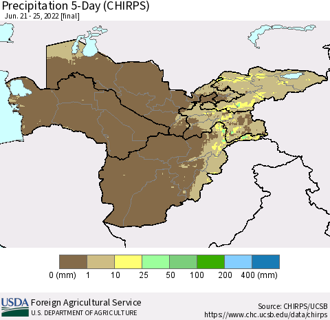 Central Asia Precipitation 5-Day (CHIRPS) Thematic Map For 6/21/2022 - 6/25/2022