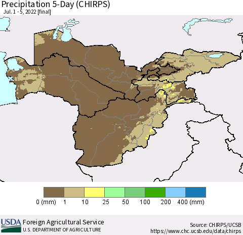 Central Asia Precipitation 5-Day (CHIRPS) Thematic Map For 7/1/2022 - 7/5/2022
