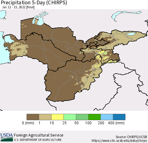 Central Asia Precipitation 5-Day (CHIRPS) Thematic Map For 7/11/2022 - 7/15/2022