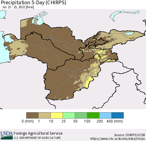 Central Asia Precipitation 5-Day (CHIRPS) Thematic Map For 7/21/2022 - 7/25/2022