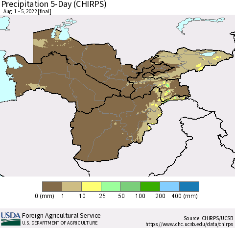 Central Asia Precipitation 5-Day (CHIRPS) Thematic Map For 8/1/2022 - 8/5/2022