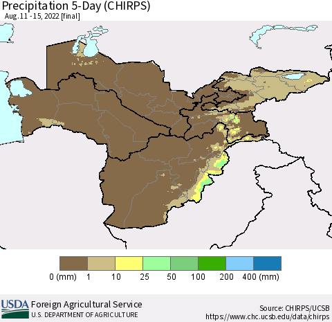 Central Asia Precipitation 5-Day (CHIRPS) Thematic Map For 8/11/2022 - 8/15/2022