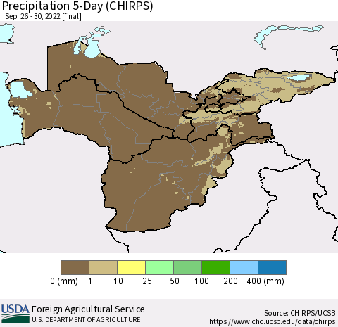 Central Asia Precipitation 5-Day (CHIRPS) Thematic Map For 9/26/2022 - 9/30/2022