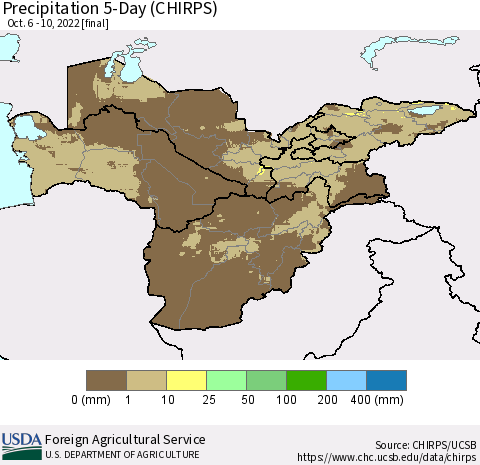 Central Asia Precipitation 5-Day (CHIRPS) Thematic Map For 10/6/2022 - 10/10/2022