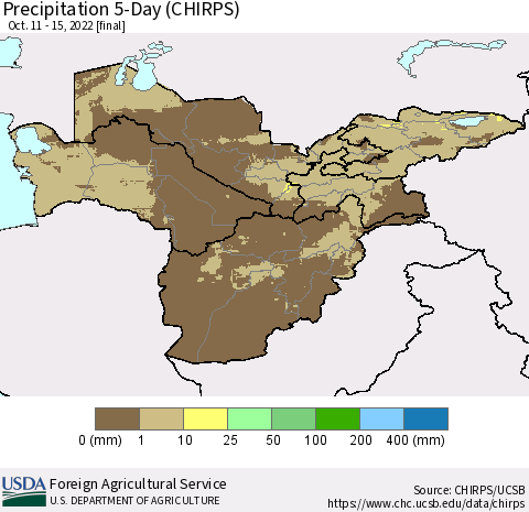 Central Asia Precipitation 5-Day (CHIRPS) Thematic Map For 10/11/2022 - 10/15/2022