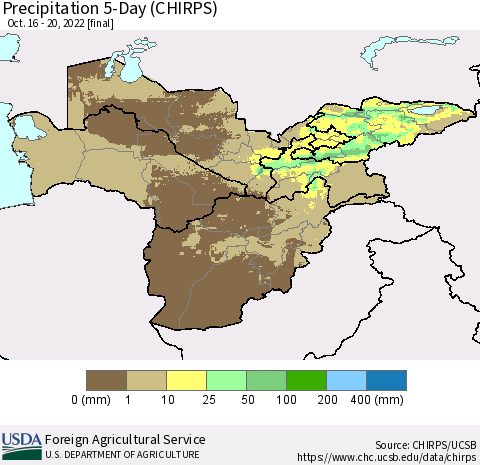 Central Asia Precipitation 5-Day (CHIRPS) Thematic Map For 10/16/2022 - 10/20/2022