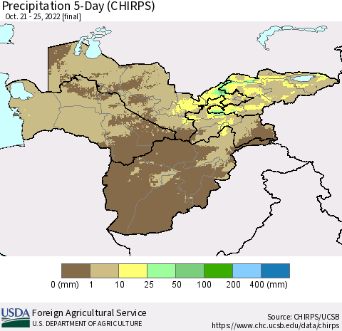 Central Asia Precipitation 5-Day (CHIRPS) Thematic Map For 10/21/2022 - 10/25/2022