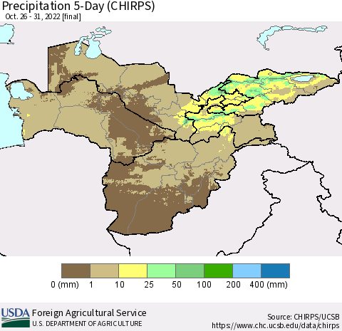 Central Asia Precipitation 5-Day (CHIRPS) Thematic Map For 10/26/2022 - 10/31/2022