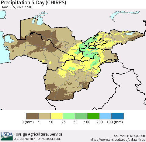 Central Asia Precipitation 5-Day (CHIRPS) Thematic Map For 11/1/2022 - 11/5/2022