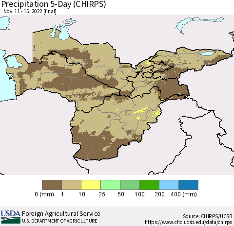 Central Asia Precipitation 5-Day (CHIRPS) Thematic Map For 11/11/2022 - 11/15/2022