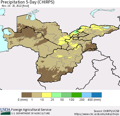 Central Asia Precipitation 5-Day (CHIRPS) Thematic Map For 11/16/2022 - 11/20/2022