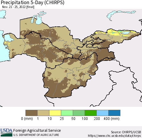 Central Asia Precipitation 5-Day (CHIRPS) Thematic Map For 11/21/2022 - 11/25/2022