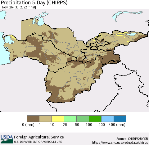 Central Asia Precipitation 5-Day (CHIRPS) Thematic Map For 11/26/2022 - 11/30/2022
