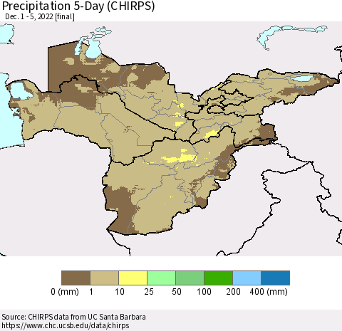 Central Asia Precipitation 5-Day (CHIRPS) Thematic Map For 12/1/2022 - 12/5/2022