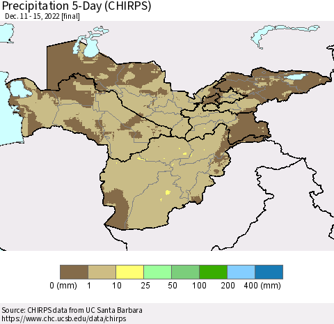 Central Asia Precipitation 5-Day (CHIRPS) Thematic Map For 12/11/2022 - 12/15/2022