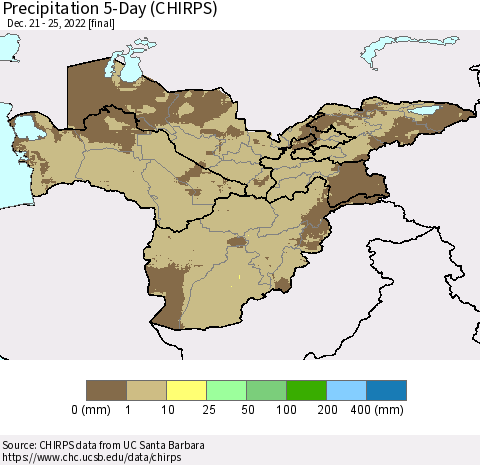 Central Asia Precipitation 5-Day (CHIRPS) Thematic Map For 12/21/2022 - 12/25/2022