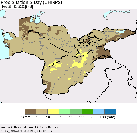 Central Asia Precipitation 5-Day (CHIRPS) Thematic Map For 12/26/2022 - 12/31/2022
