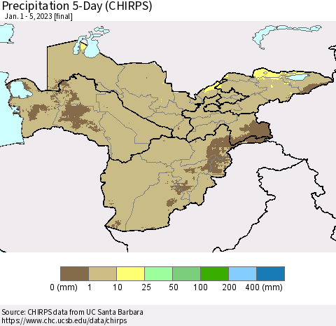 Central Asia Precipitation 5-Day (CHIRPS) Thematic Map For 1/1/2023 - 1/5/2023