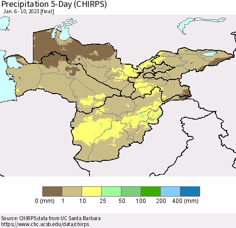 Central Asia Precipitation 5-Day (CHIRPS) Thematic Map For 1/6/2023 - 1/10/2023