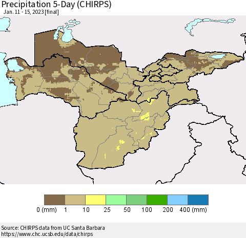 Central Asia Precipitation 5-Day (CHIRPS) Thematic Map For 1/11/2023 - 1/15/2023