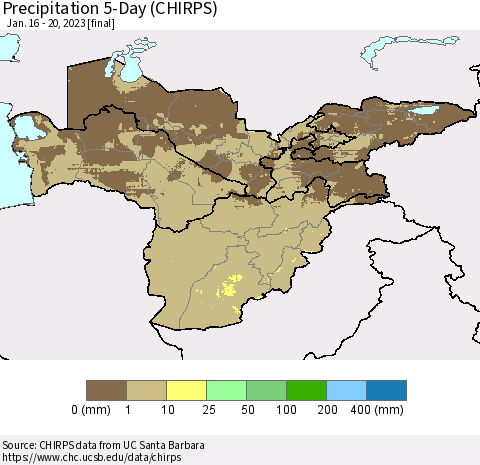 Central Asia Precipitation 5-Day (CHIRPS) Thematic Map For 1/16/2023 - 1/20/2023