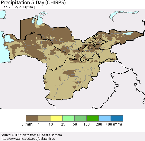 Central Asia Precipitation 5-Day (CHIRPS) Thematic Map For 1/21/2023 - 1/25/2023