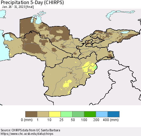 Central Asia Precipitation 5-Day (CHIRPS) Thematic Map For 1/26/2023 - 1/31/2023