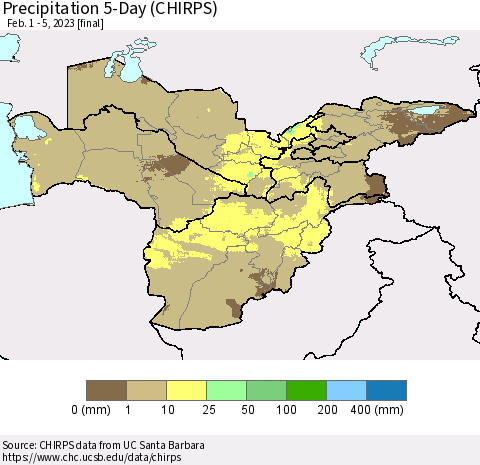 Central Asia Precipitation 5-Day (CHIRPS) Thematic Map For 2/1/2023 - 2/5/2023