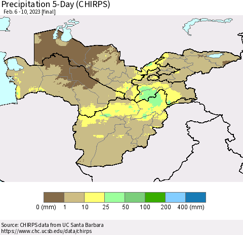 Central Asia Precipitation 5-Day (CHIRPS) Thematic Map For 2/6/2023 - 2/10/2023