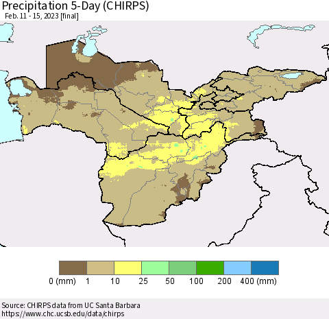 Central Asia Precipitation 5-Day (CHIRPS) Thematic Map For 2/11/2023 - 2/15/2023