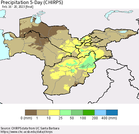 Central Asia Precipitation 5-Day (CHIRPS) Thematic Map For 2/16/2023 - 2/20/2023