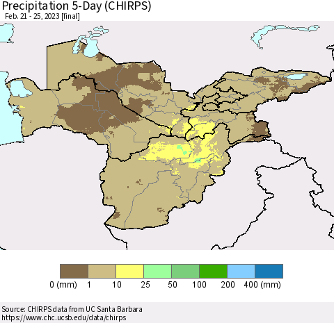 Central Asia Precipitation 5-Day (CHIRPS) Thematic Map For 2/21/2023 - 2/25/2023