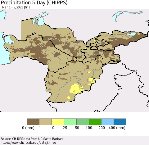 Central Asia Precipitation 5-Day (CHIRPS) Thematic Map For 3/1/2023 - 3/5/2023