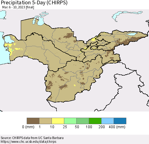 Central Asia Precipitation 5-Day (CHIRPS) Thematic Map For 3/6/2023 - 3/10/2023