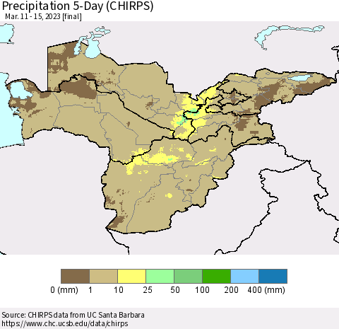 Central Asia Precipitation 5-Day (CHIRPS) Thematic Map For 3/11/2023 - 3/15/2023